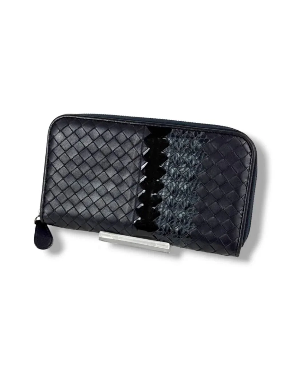 Bottega Veneta Wallet Round Zippy Black Intrecciato Leather Patent